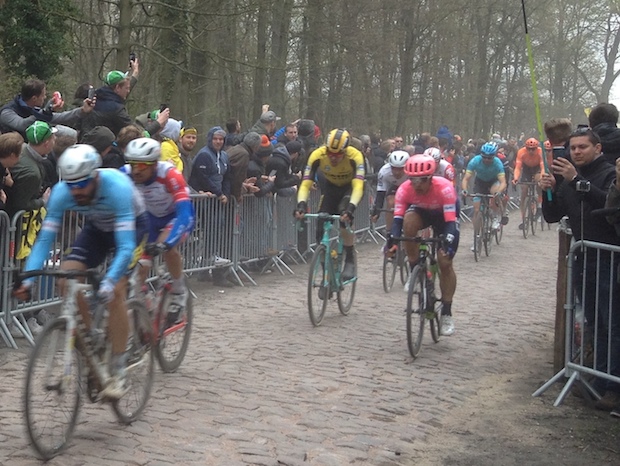 Paris-Roubaix road bike race showing cobbled surface.